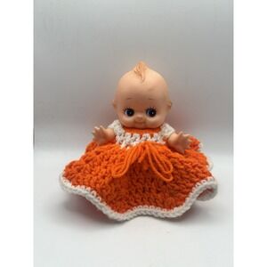 Vintage Kewpie Doll Vinyl Baby Orange Handmade Crocheted Dress